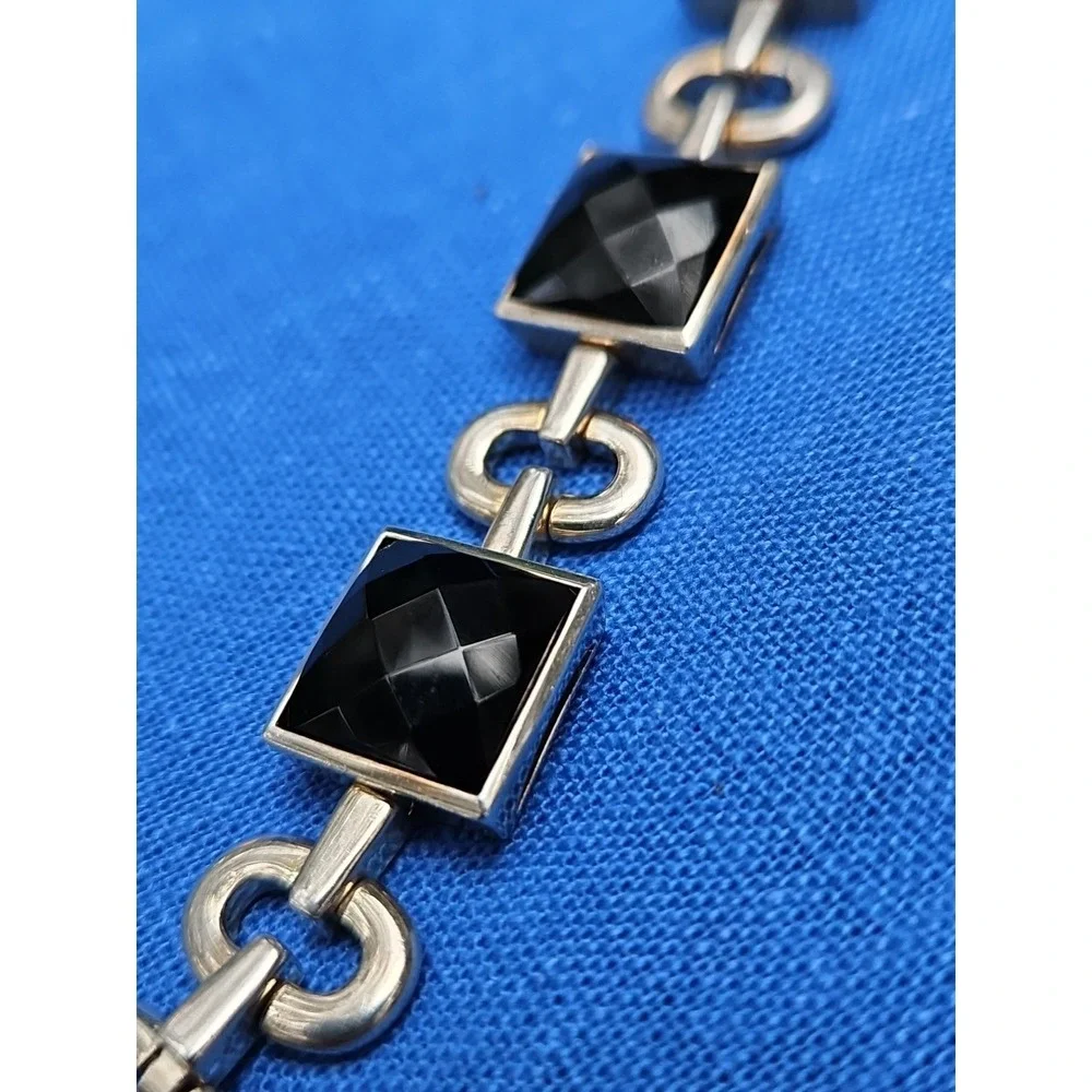 Sterling Black Amethyst Onyx Bracelet Prism Cut 14mm Statement Oval Link 6.5
